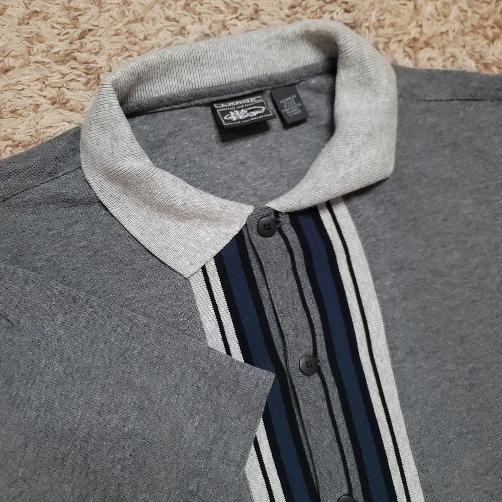 No Fear Polo Shirt Mens Large Gray Striped Button Front Vintage 90s Skater Knit‎